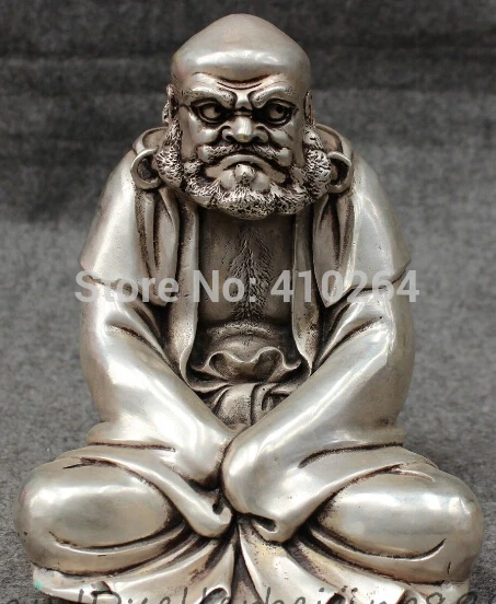 

8" Tibet Silver Buddhist Damo Bodhidharma Dharma Buddha Statue Brass Joss