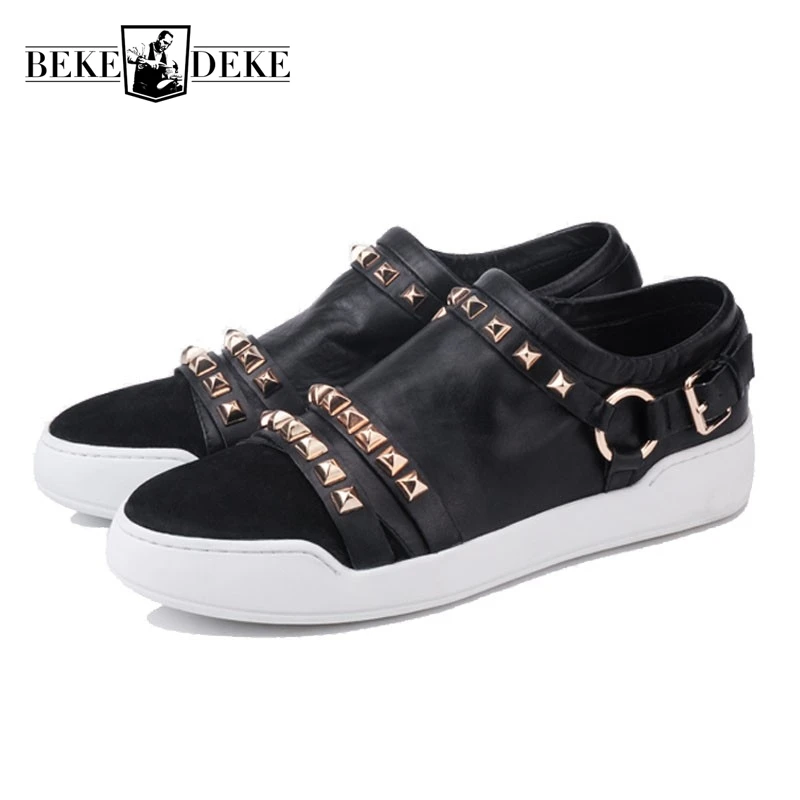 

2018 Summer New Breathable Man Casual Shoes Genuine Leather Rivet Loafers Man Punk Footwear Flats Side Zip Zapatos De Hombre