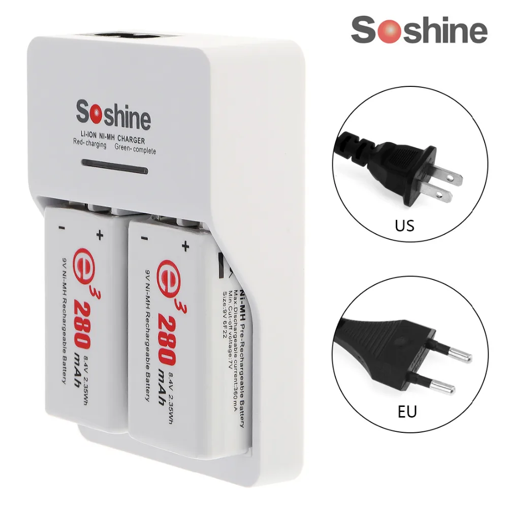 Vente 2 pcs Soshine 9 V 6F22 Batterie 280 mAh NiMH Rechargeable Batterie + 9 V Intelligent Intelligent Ni MH Li ion Chargeur avec LED Indicateur