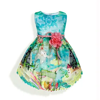 

Mesh Floral Printed Children's Sleeveless Princess Dress Sexy Wavy Hem Lace Dress Free Belt Big Pink Flower Kids Dresses