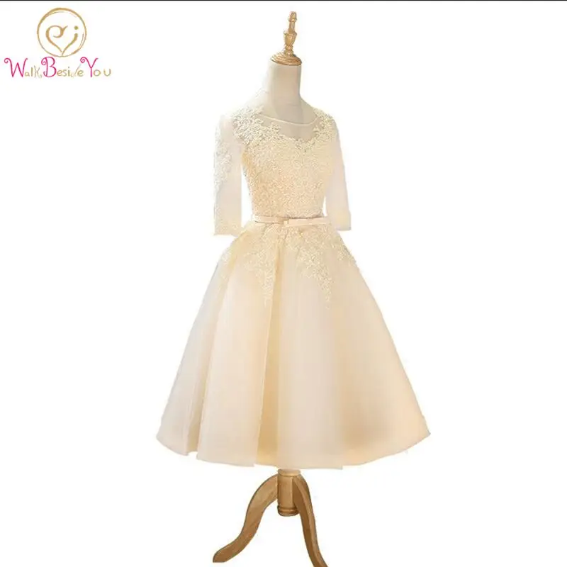 Прогулка рядом вам реальную картину Шампанское Вечерние платья vestido elegante Кружева Аппликация 3/4 с длинным рукавом Розовый Пром Платье