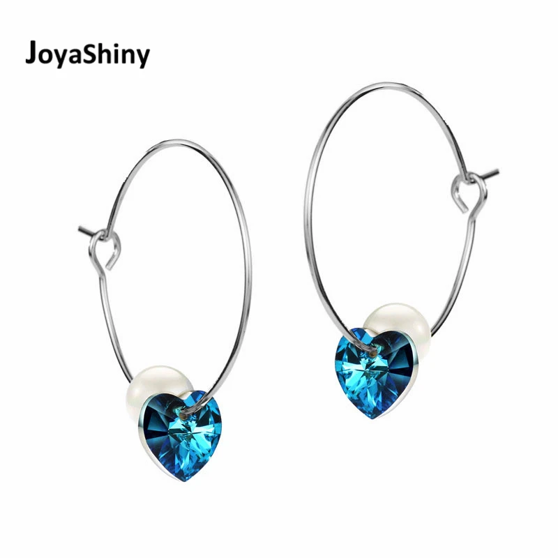 Joyashiny синие кристаллы сердца от Swarovski серьги-кольца для женщин имитация жемчуга ювелирные изделия Висячие серьги День святого Валентина - Окраска металла: Platinum Plated BB