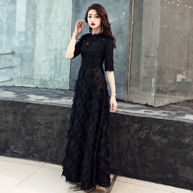 wei yin 2021 New Evening Dresses The Bride Elegant Banquet Black Half Sleeves Lace Floor-length Long Prom Party Gowns WY1342 3