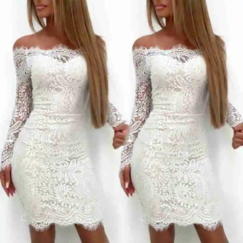 

Fashion Women Sexy Lace Floral Off Shoulder Long Sleeve Bodycon Casual Evening Party Short Mini Dress