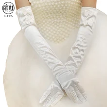 Свадебные Аксессуары Свадебные перчатки зимние Белый Лук атласная Длинные свадебные перчатки с пальцами для платья Luvas de Renda BV307