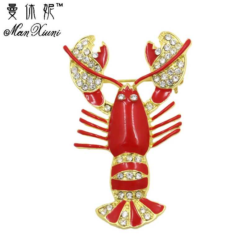 Gold Plated Enamel and Crystal Lobster Brooch Lobster Lapel Pin New