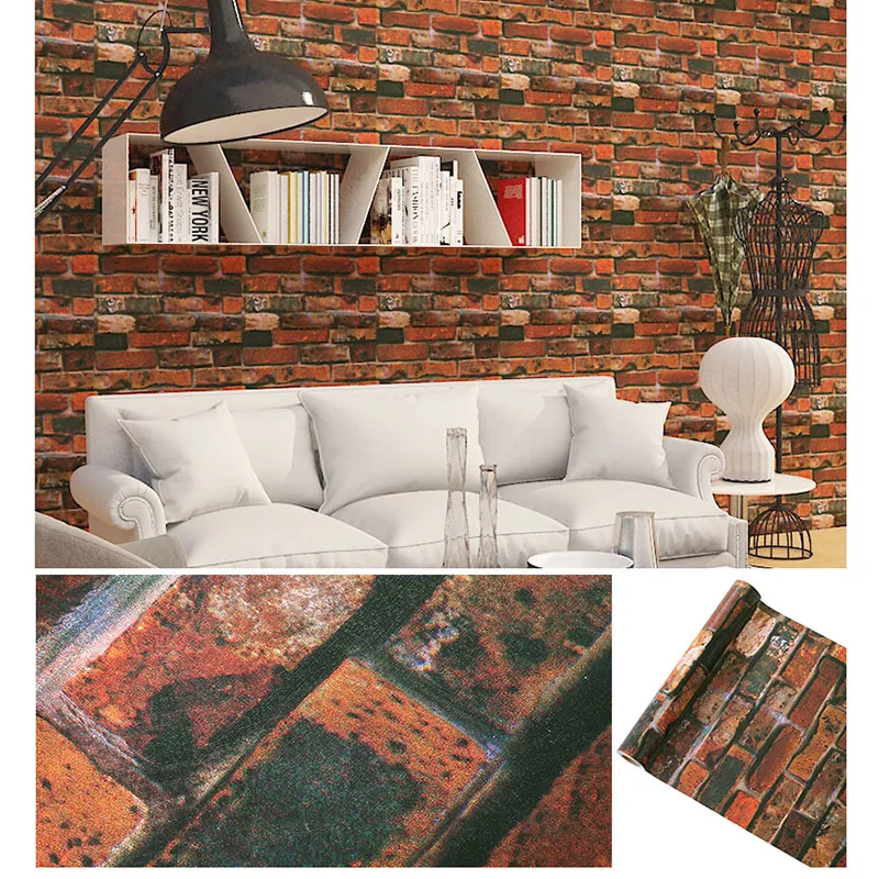 

45*100cm Rustic Vintage 3D Faux Brick Wallpaper Roll Vinyl PVC Retro Industrial Loft Wall Paper Red Black Grey Yellow Washable