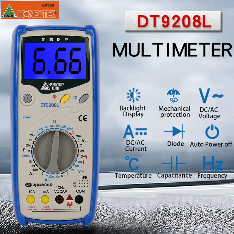 

HONEYTEK DT9208L Digital LCD Multimeter Meter tester Current AC/DC Voltage Resistance Capacitance Frequency Temperature Tester