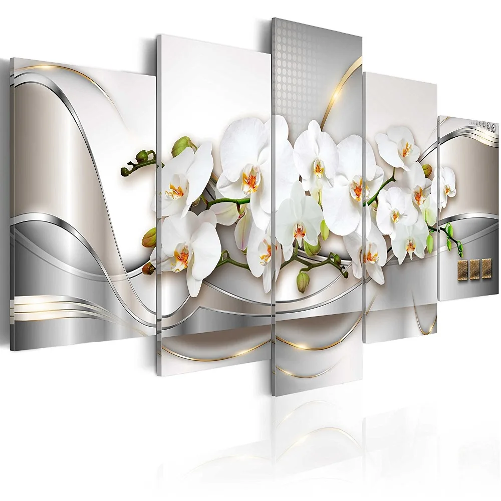 Large 5 Pieces Butterfly Orchid Flowers Canvas Print Wall Art Painting Decor for Home Decoration Picture for Living Room Stretched Framed White Floral Artwork (60x30, Ocean of Innocence)