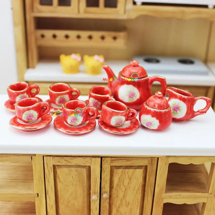 

Porcelain Teapot Coffee Cups Tea Set Tableware Saucer Pot RED 1:6 Dollhouse Miniature Dining Room Kitchen Toys 15pcs
