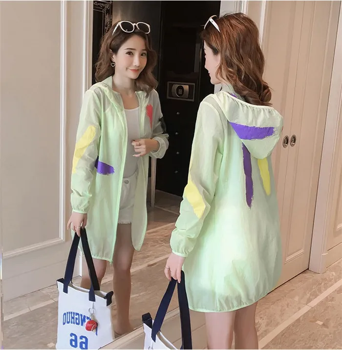 Apple green Большой размер, S-4XL, летняя пляжная УФ-куртка для женщин, Солнцезащитная одежда, для девушек, перспективная, свободная, с капюшоном, солнцезащитная, свободная, с принтом, топы - Цвет: Apple green