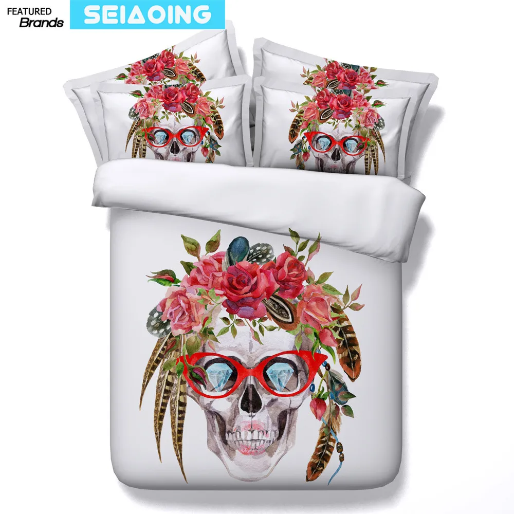 

indian glass suger skull bed linen white 3d print quilt duvet cover queen twin bedding sets 3/4pc full king size 500tc girl kids
