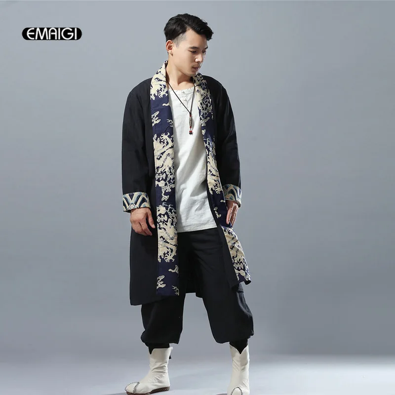

Men High Quality Cotton Linen Long Cardigan Coat Male Fashion Casual Loose Jacket