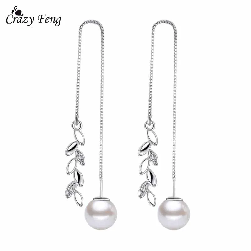 

2018 Elegant 8mm Simulated Pearl Long Drop Earrings For Women Engagement Wedding Jewellery Silver Color Leaf Chain Pendientes