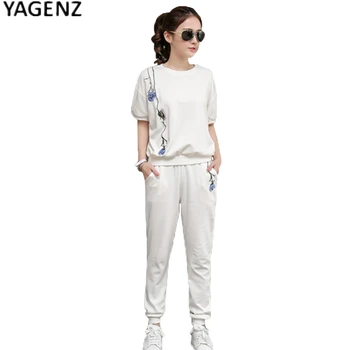 

Spring Summer Women Two Piece Suit Sportswear 2019 New Embroidery T-shirt + Pants Women Casual Sporting Suit Female Clothes Sets