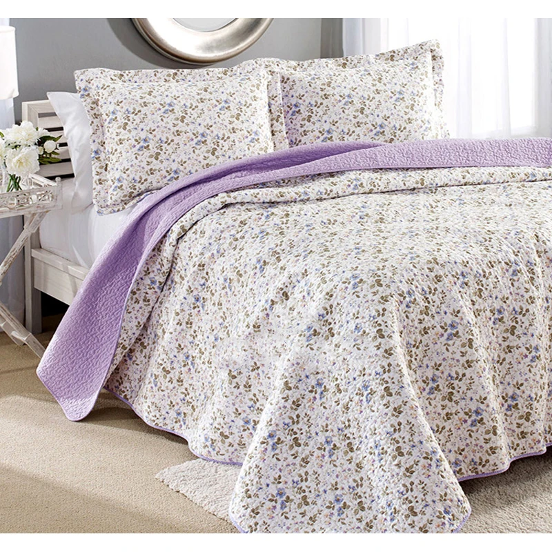 

CHAUSUB Quality Floral Quilt Set 3PCS Washed Cotton Quilts Quilted Bedspread Bed Cover Pillowcase Coverlet Set King Size Purple