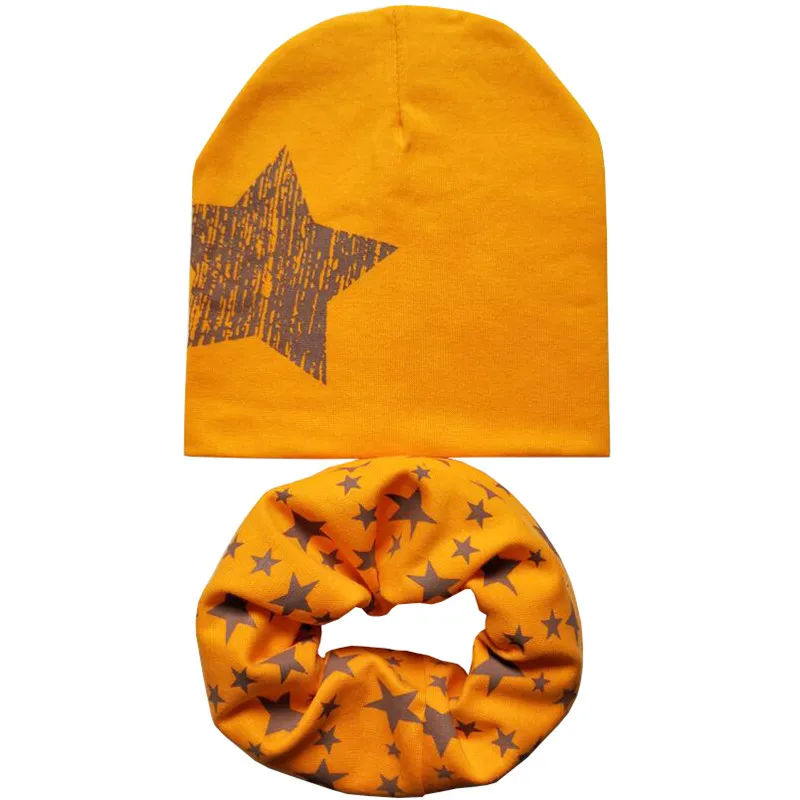 Orange star set Новая осенне-зимняя детская шапка, комплект для мальчиков и девочек, шарф на шею, весенний теплый шейный платок, детские вязаные шапки, комплекты, хлопковая детская шапка, шарф - Цвет: Orange star set
