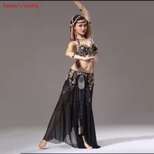 Женский костюм для танца живота, бюстгальтер, юбка с длинным Боковым Разрезом, одежда для выступлений, американский стиль, Племенной Стиль