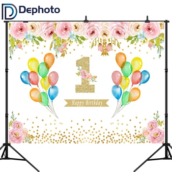 

DePhoto 1st Birthday Floral Watercolor Flower Birthday Glitter Dots Gold Photography Backdrop Newborn Photo Background Studio