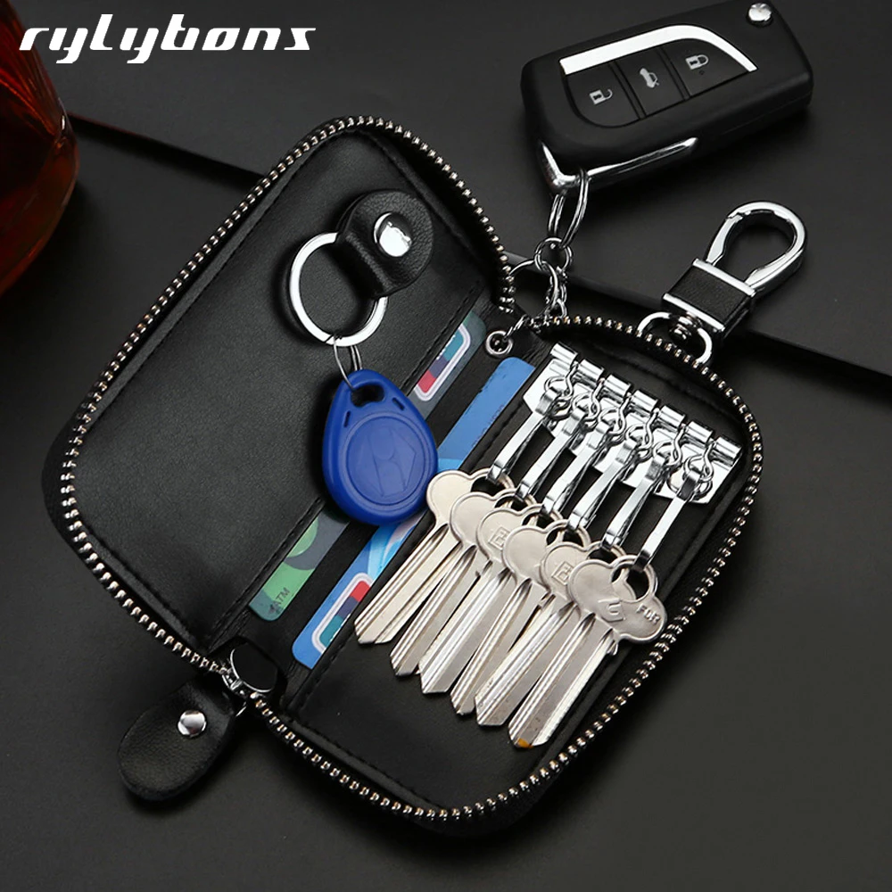

rylybons Leather Car Key Holder Wallets Men Key Housekeeper Keys Organizer Women Keychain Covers Zipper Key Case Bag