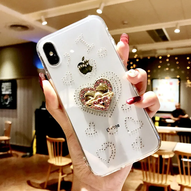

Bling Clear Phone Case For iPhone X 8 7 6 6S Plus XR Slim Transparent Diamond Cartoon Stand Holder Soft Cover For iPhone XS MAX