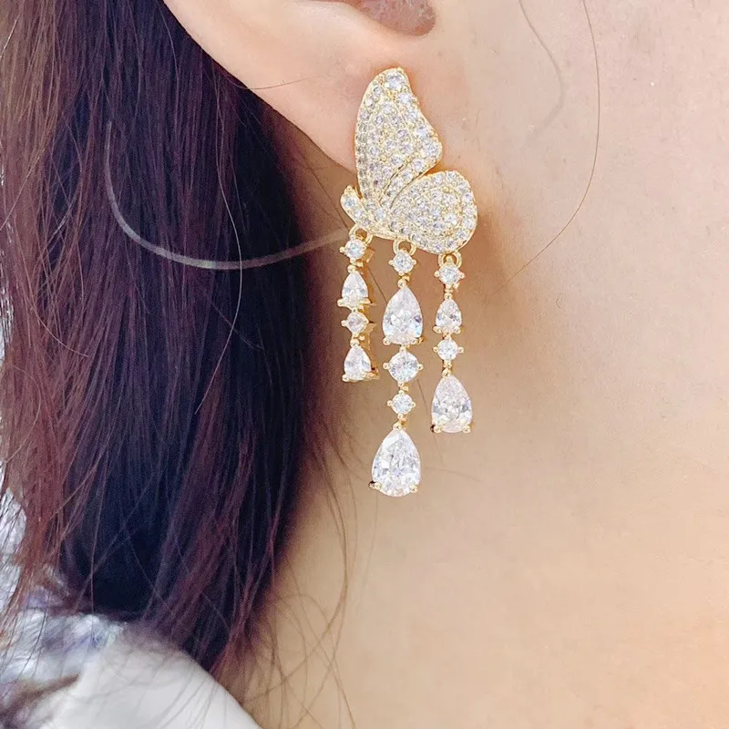 

Trendy Butterfly Shape Cubic Zirconia Long Pendant Wedding Party Big Earrings Fashion Jewelry E10058