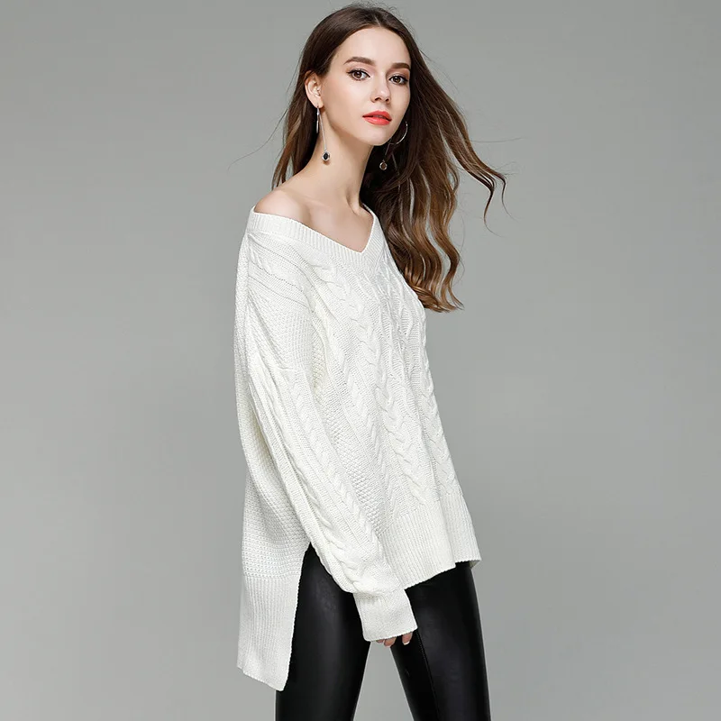 

Women Sexy V Neck Cable Knit Midi Sweater Shirt Jumpers Pullover 2018 New Arrivals