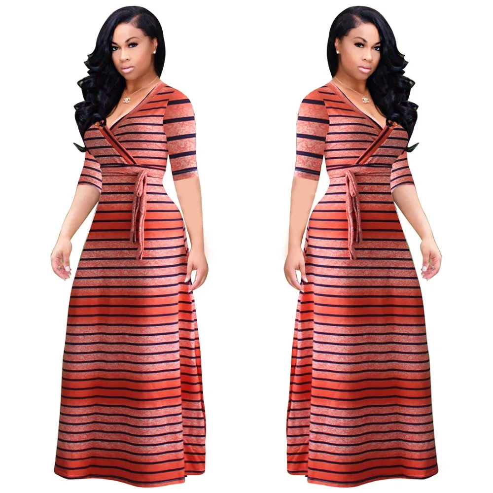 

5XL Plus Size Women fall Loose Long Maxi Dress Orange Black Striped Short Sleeve Dresses Casual Beach Big Size Vestidos