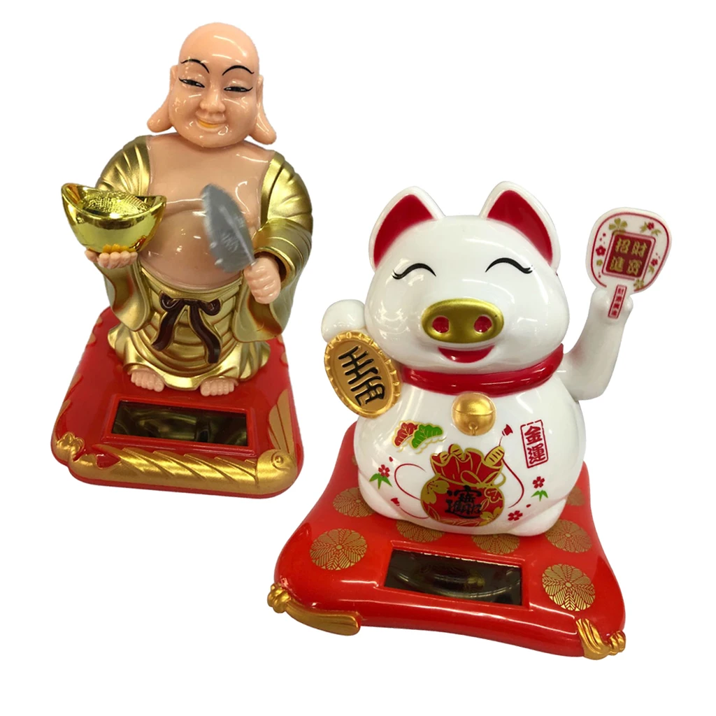 Solar Powered Lucky Beckoning Waving Pig Lucky Money Pig &Shaking Buddha for Home Office and Car décor -54x3.54x3.94inch
