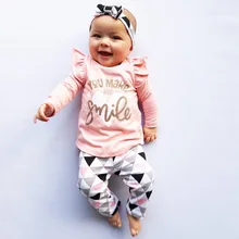 Комплект одежды из 3 предметов для новорожденных девочек, розовый топ с длинными рукавами и оборками+ штаны+ повязка на голову, комплекты одежды для маленьких девочек