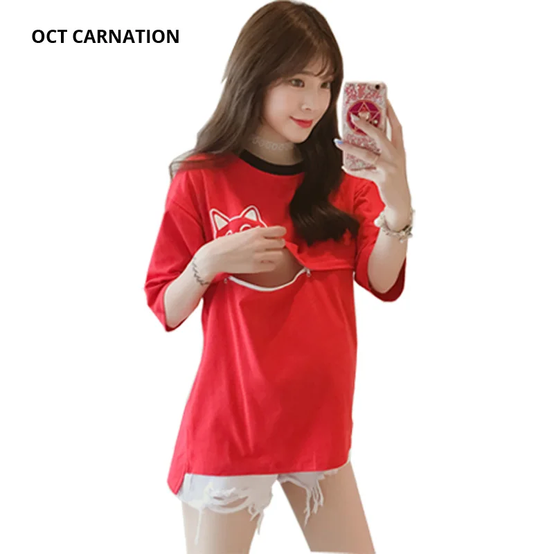 

Fortune Cat Pattern Cartoon Print Short Sleeve Breastfeeding Red T-shirt Woman Pregnancy Clothes Nursing Clothes