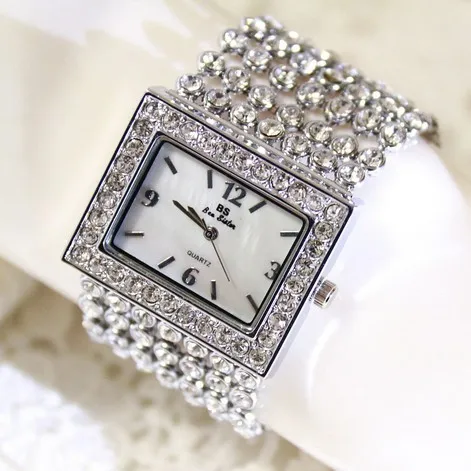 Hot Sales Women Full Rhinestone Watches Lady Shining Dress Watch Stainless Steel Square Bracelet Wristwatch Ladies