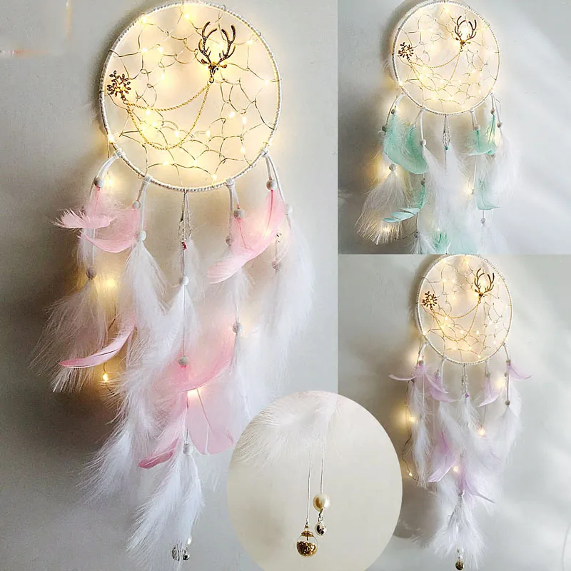 

Golden Deer Head With Bell Dreamcatcher Copper Wire String Lights LED Decoration For Christmas Garland Garland On The Window