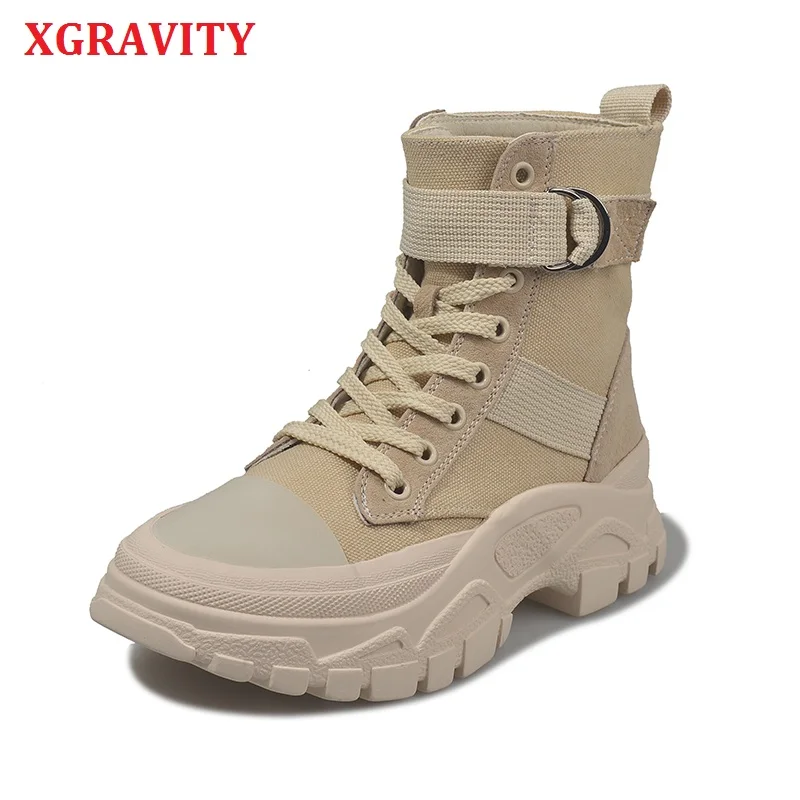 

XGRAVITY Summer Autumn New Fashion Student New Martin Boots Elegant Canvas Short Ankle Army Boots Comfortable Lady Shoes A192