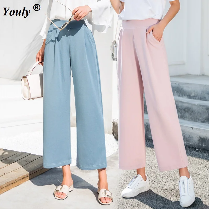 Women Casual Wide Leg Ankle Length Pants 2019 High Elastic Waist OL ...