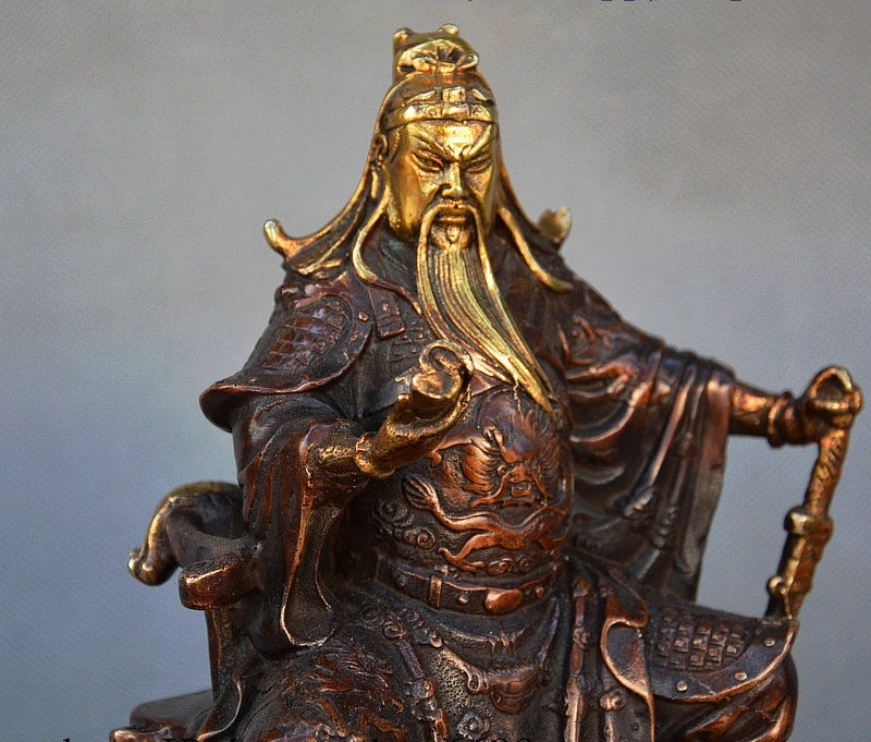 Древний Китай Бронзовая позолоченная книга Дракон Воин Guangong Guan Yu Ares статуя