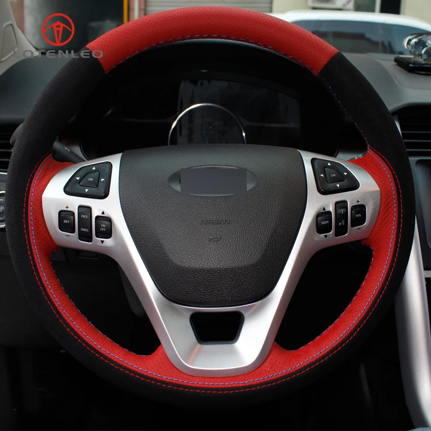 Buy LQTENLEO Red Genuine Leather Black Suede Car Steering Wheel Cover for Ford