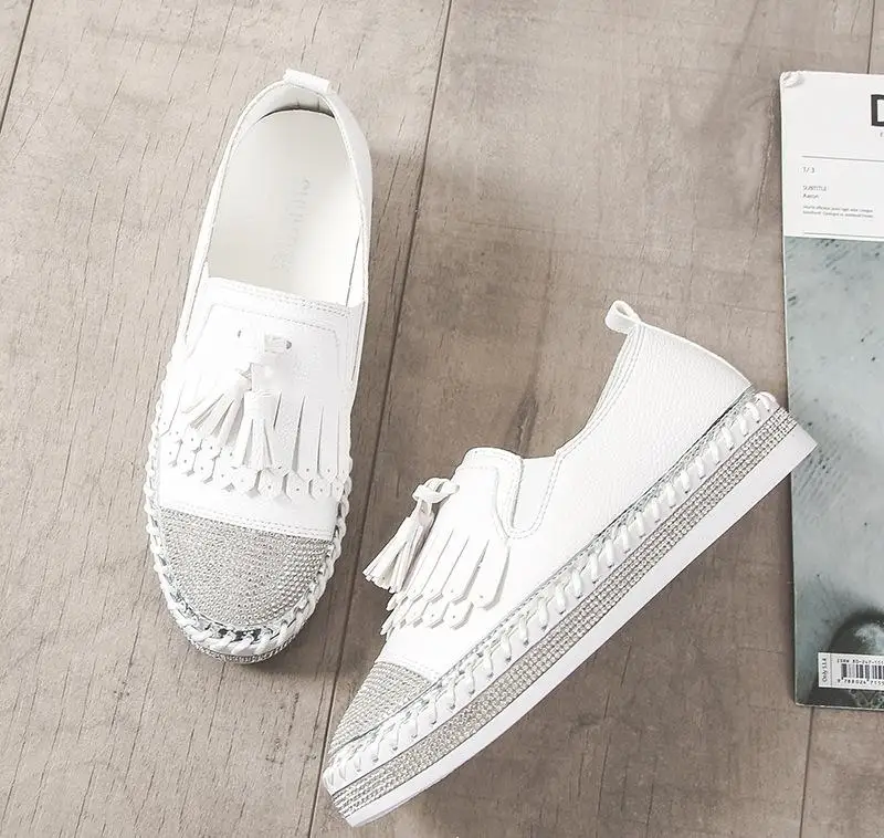 

2019 Famous Brand European Patchwork Espadrilles Shoes Woman Genuine Leather Creepers Flats Ladies Loafers White Leather Loafers