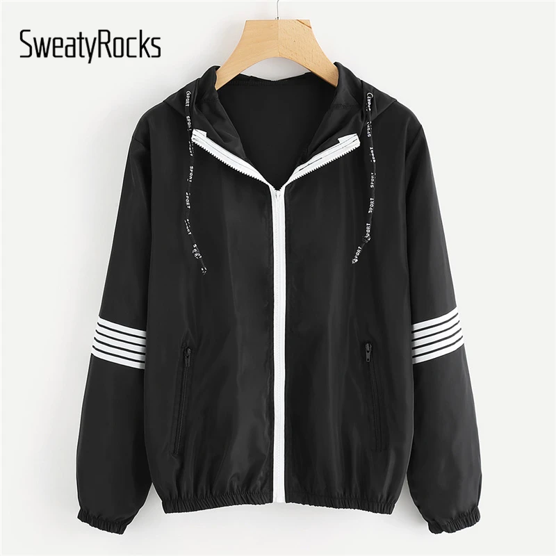 SweatyRocks مخطط كم مقنعين سترة السيدات أسود مقنعين الرباط زيبر يصل جاكيتات النساء Athleisure الرياضية سترة SweatyRocks مخطط كم مقنعين سترة السيدات أسود مقنعين الرباط زيبر يصل جاكيتات النساء Athleisure الرياضية سترة