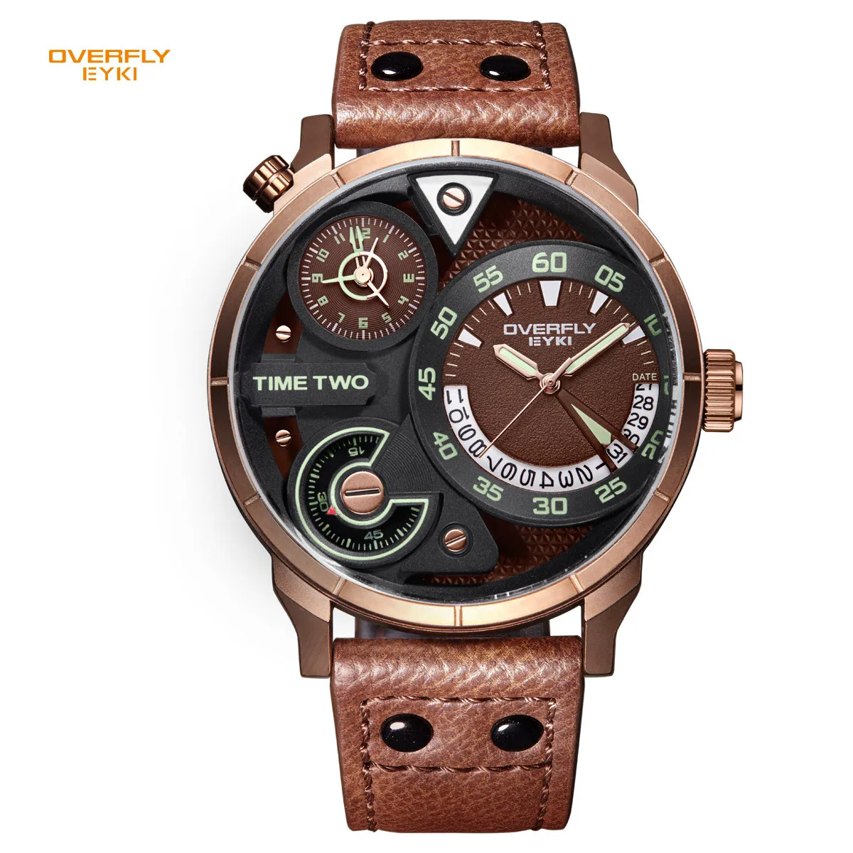 

EYKI Brand Men Watches Big Dial Two Time Zone Quartz Watch Male Genuine Leather Waterproof Military Sports Clock Relogio Hombre