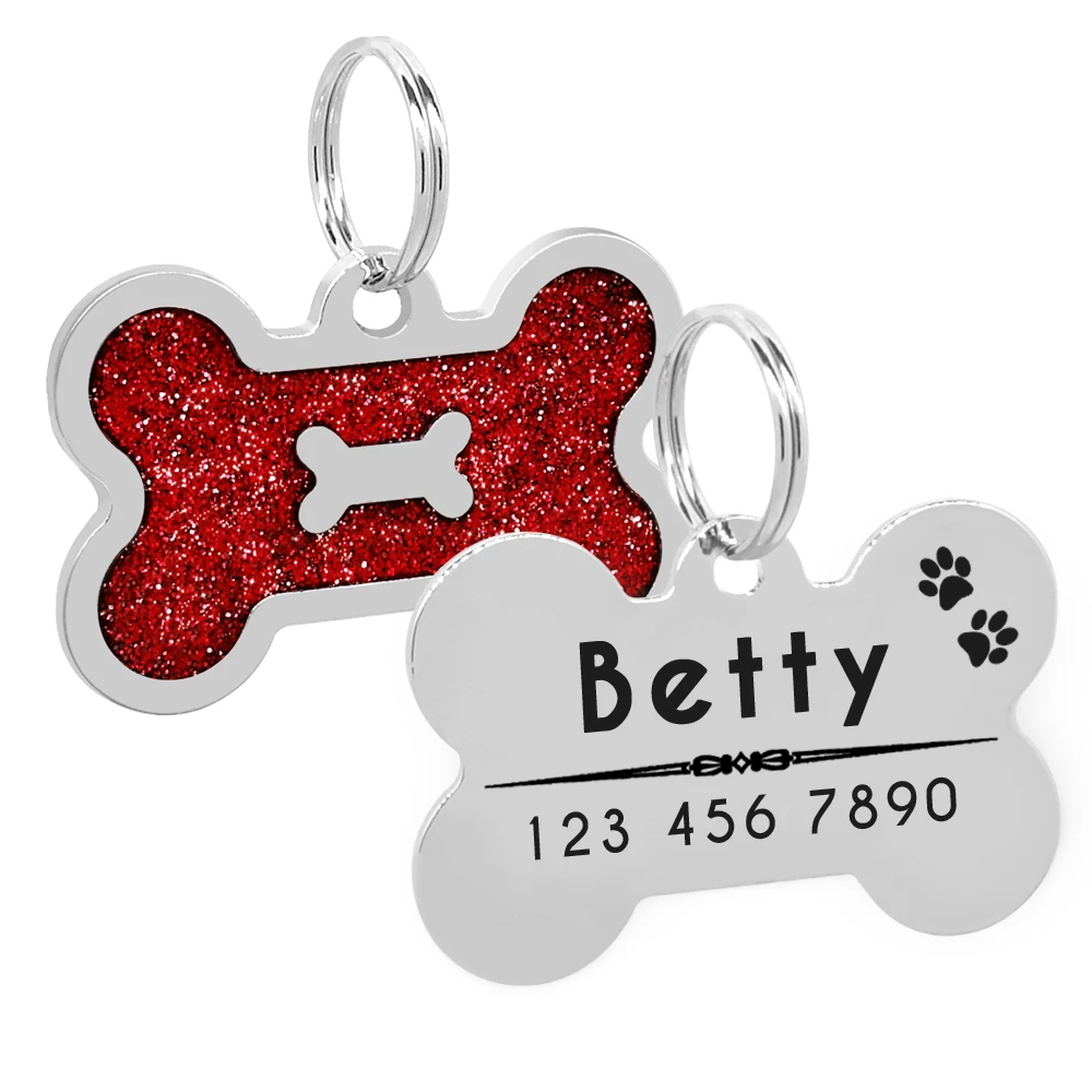 Блеск Pet Dog Tag Персонализированные Гравированные собаки кошки идентификационные метки в форме косточки; для домашних животных воротник ожерелье гравировка Бесплатный подарок колокол - Цвет: Красный