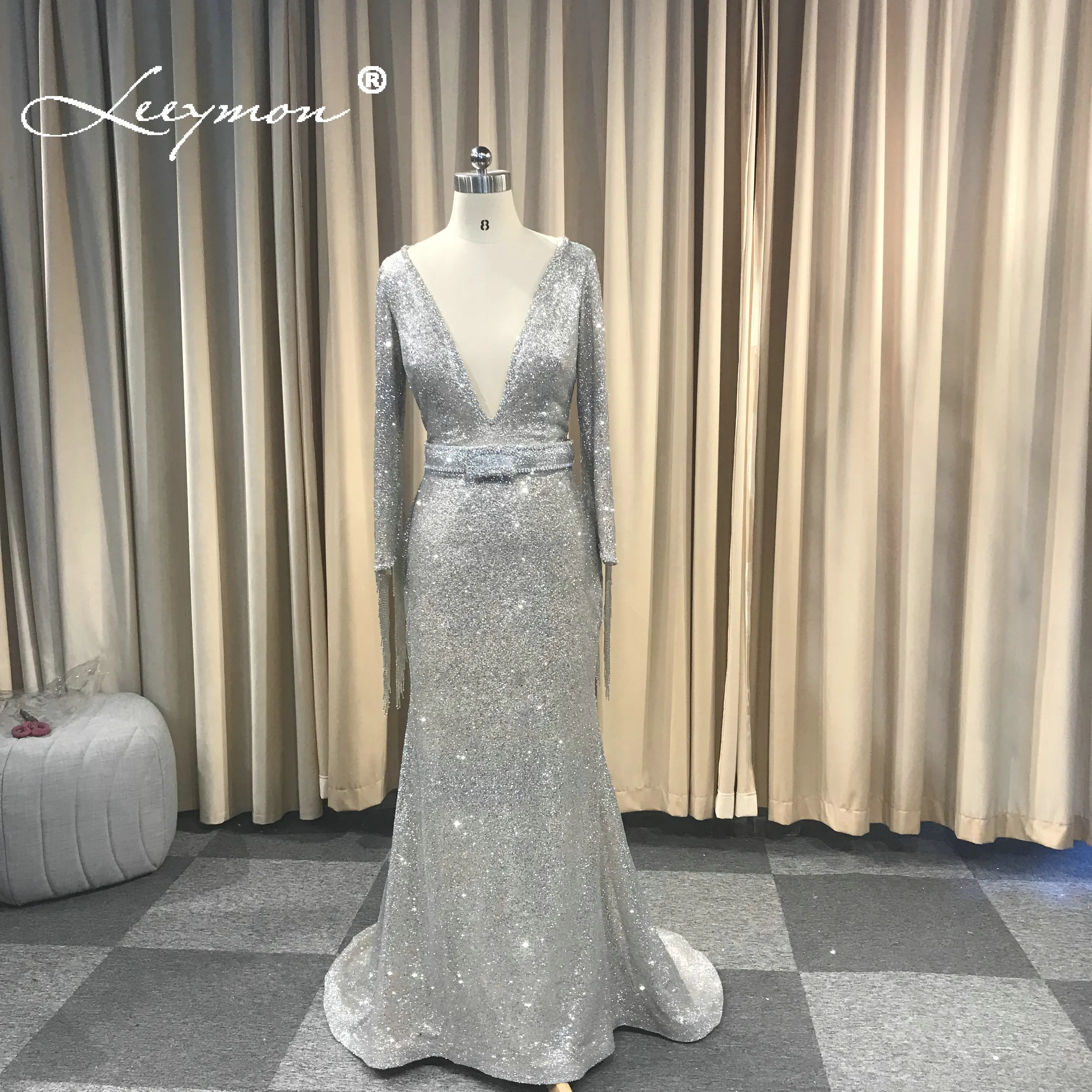 

Leeymon 2019 Custom Made Silver Mermaid Glitter Evening Dress Long Sleeves with beading Prom Party Gown Dress
