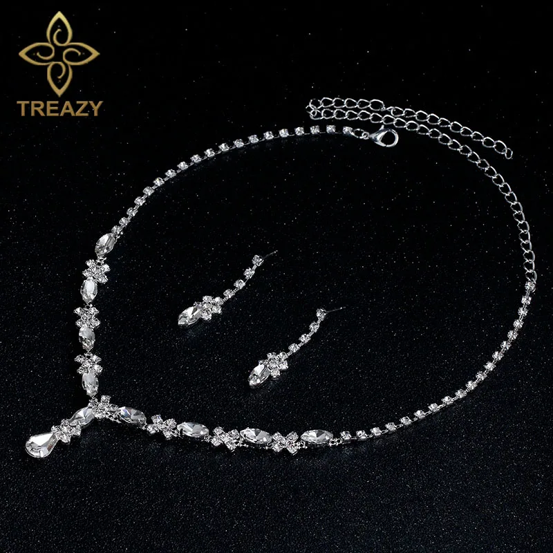 TREAZY красивый прозрачный кристалл, свадьба, для новобрачных ювелирных изделий набор цветочных капель ожерелье Комплект сережек для женщин аксессуары