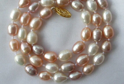 

RHJ00111 stunning 9mm baroque rice white pink purple freshwater pearl necklace
