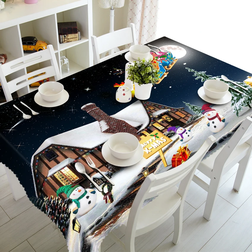 

Cartoon Tablecloth Christmas Cottage/Snowman Pattern 3d Table Cloth Thicken Polyester Dining Table Cover For Kitchen
