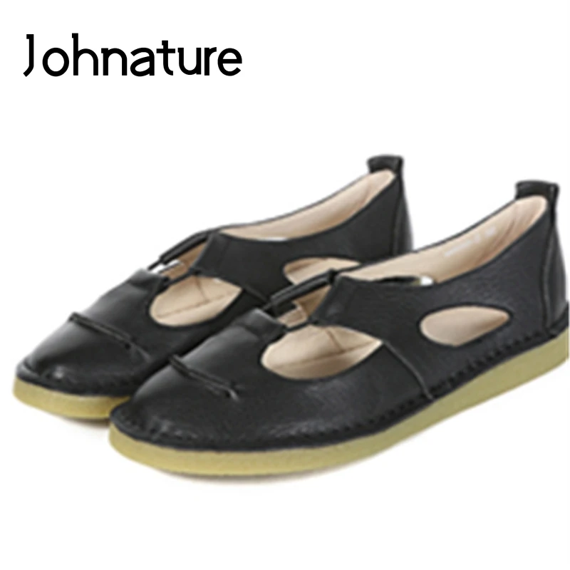 

Johnature 2019 New Spring/autumn Retro Loafers Women Genuine Leather Round Toe Solid Sewing Comfortable Elastic Band Flats Shoes