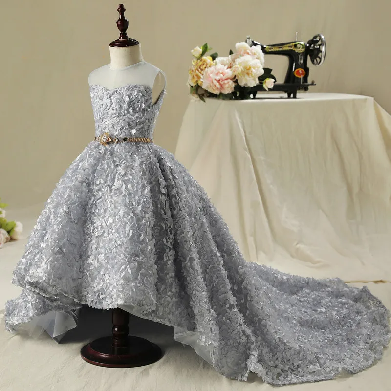 

Free shipping Gray flower girl dress Elegant girl party dress