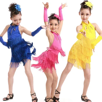

New Kids tassles Latin Dresses Rose Blue children Abiti Latin Dance Dress for Competition Girls Ballroom Salsa dancing costumes