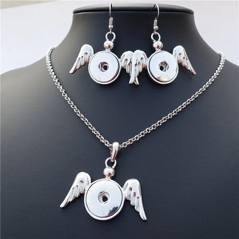 

Metal 18mm Snap Buttons Angel Wings Necklace Earrings Jewelry Set For Office Lady