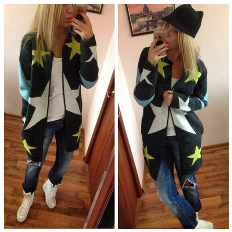 

2019 Long Sweater Loose Warm Knitted Cardigans Long Sleeve Warm Outwear Autumn Cardigan Star Pattern Print Casual Fashion Women